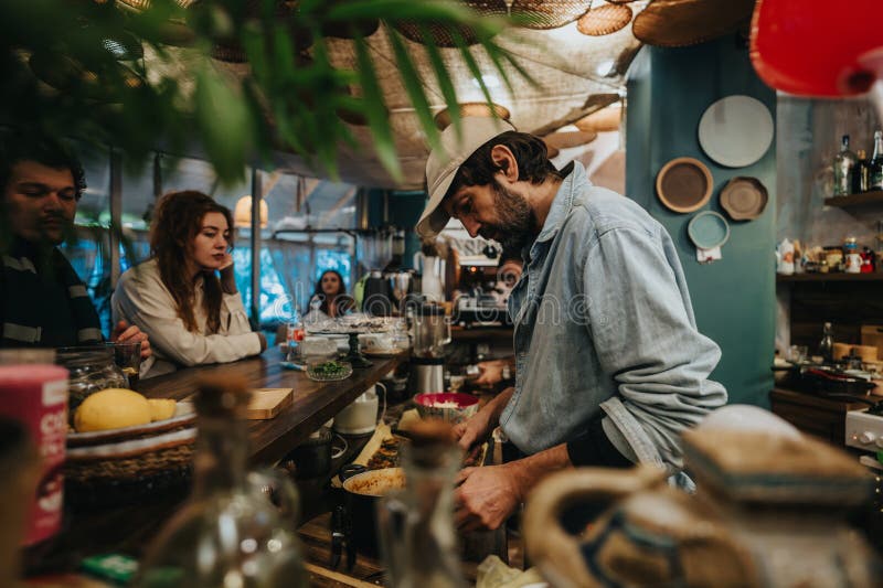 Gente che si gode un'atmosfera accogliente in un bar alla moda fotografia stock