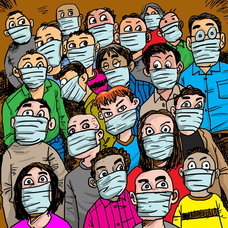 Gente confusa usando máscara para protegerse del virus stock de ilustración