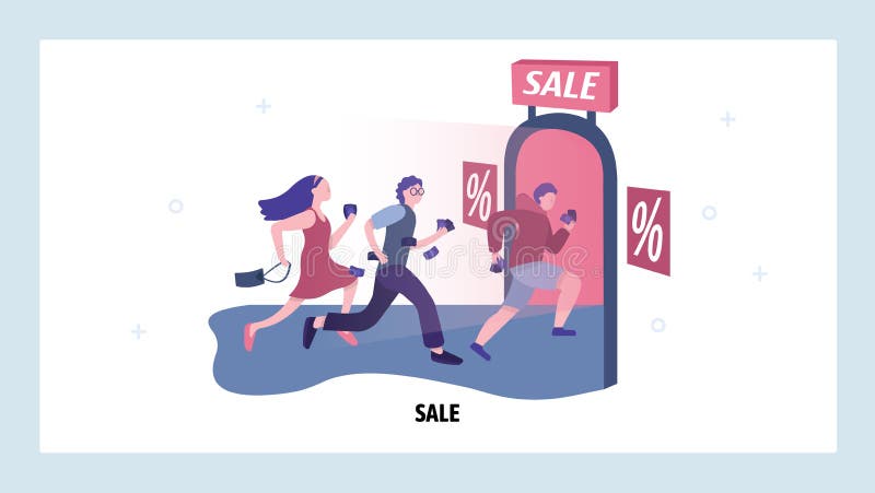 Gente corriendo a la venta con grandes descuentos Hombres y mujeres corren a la tienda para la venta de promociones Diseño de sit libre illustration Gente corriendo a la venta con grandes descuentos Hombres y mujeres corren a la tienda para la venta de promociones Diseño de sit libre illustration
