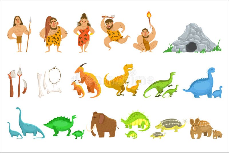Gente de la tribu de la Edad de Piedra y objetos relacionados stock de ilustración Gente de la tribu de la Edad de Piedra y objetos relacionados stock de ilustración