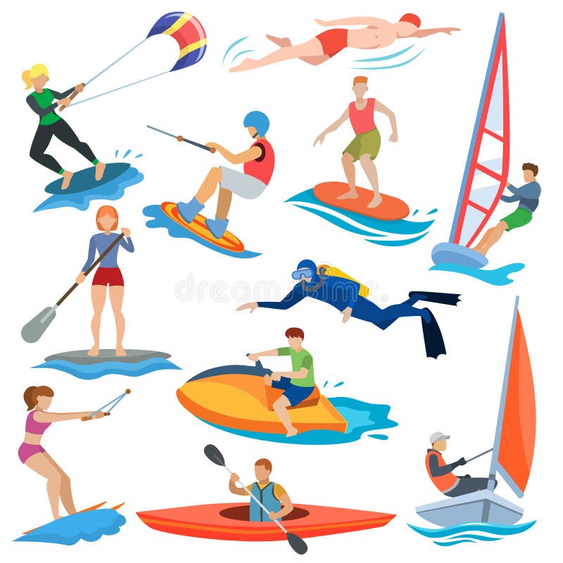 Gente del vector del deporte acuático en actividad o el sistema extremos del ejemplo del windsurfer y del kitesurfer de caractere ilustración del vector Gente del vector del deporte acuático en actividad o el sistema extremos del ejemplo del windsurfer y del kitesurfer de caractere ilustración del vector