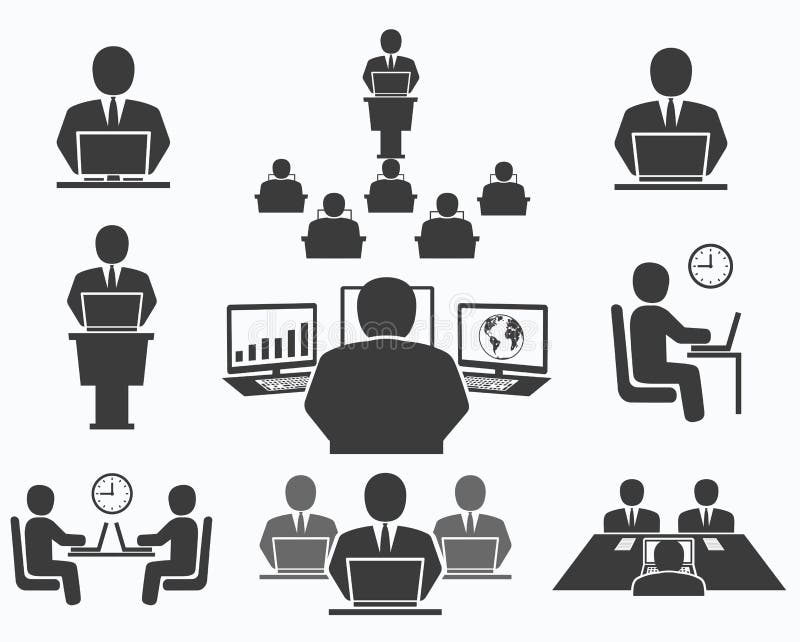 Gente di affari Icone dell'ufficio, conferenza, lavoro del computer royalty illustrazione gratis