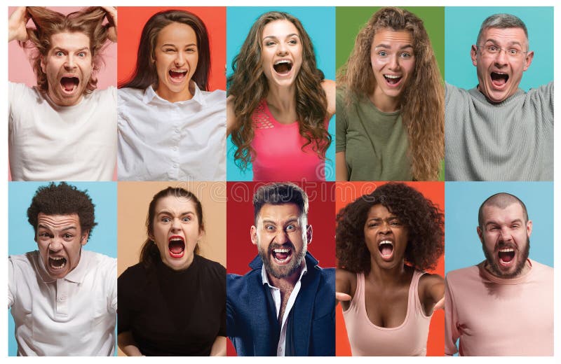 Gente enojada que grita El collage de diversas expresiones faciales, emociones y sensaciones humanas de hombres jovenes y de muje fotografía de archivo libre de regalías Gente enojada que grita El collage de diversas expresiones faciales, emociones y sensaciones humanas de hombres jovenes y de muje fotografía de archivo libre de regalías
