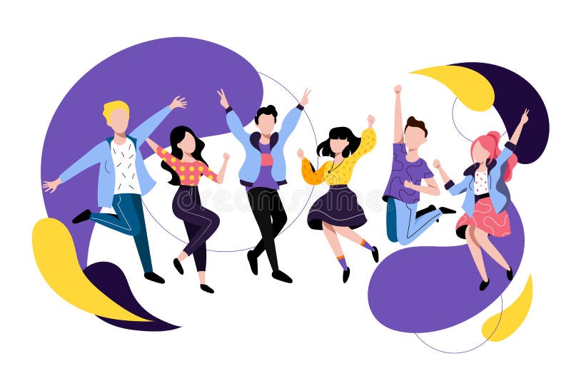 Gente feliz de salto y de baile Ejemplo plano del vector Los amigos tienen un partido Hombres jovenes y personajes de dibujos ani ilustración del vector Gente feliz de salto y de baile Ejemplo plano del vector Los amigos tienen un partido Hombres jovenes y personajes de dibujos ani ilustración del vector