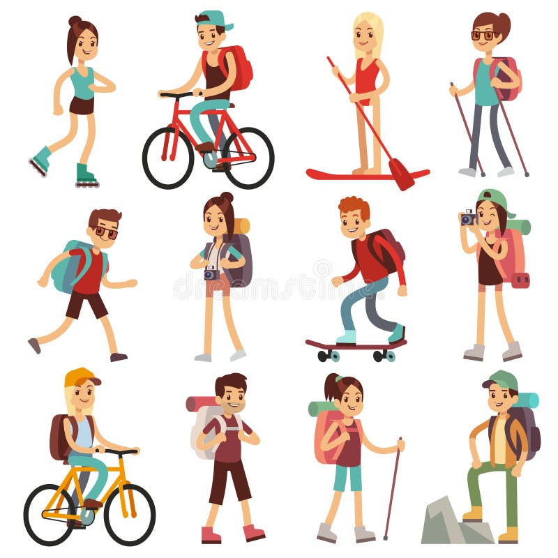 Gente feliz del viaje que camina los actives al aire libre Caracteres planos del vector fijados libre illustration Gente feliz del viaje que camina los actives al aire libre Caracteres planos del vector fijados libre illustration