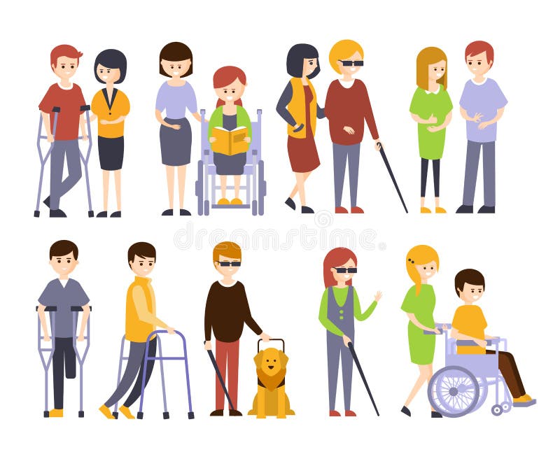 Gente fisicamente handicappata che riceve aiuto e supporto dai loro amici e famiglia, godenti della vita completa con illustrazione vettoriale Gente fisicamente handicappata che riceve aiuto e supporto dai loro amici e famiglia, godenti della vita completa con illustrazione vettoriale