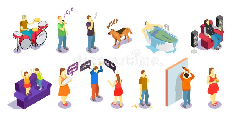 Neighbors relations isometric people during quarrel, singing, repair and sounds of drum, barking dog isolated vector illustration. Neighbors relations isometric people during quarrel, singing, repair and sounds of drum, barking dog isolated vector illustration