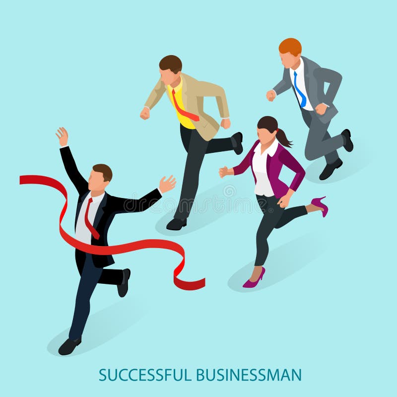 Isometric people. Entrepreneur businessman leader. Businessman and his business team crossing finish line and tearing red ribbon finishing first in a market race. Flat style vector illustration. Isometric people. Entrepreneur businessman leader. Businessman and his business team crossing finish line and tearing red ribbon finishing first in a market race. Flat style vector illustration