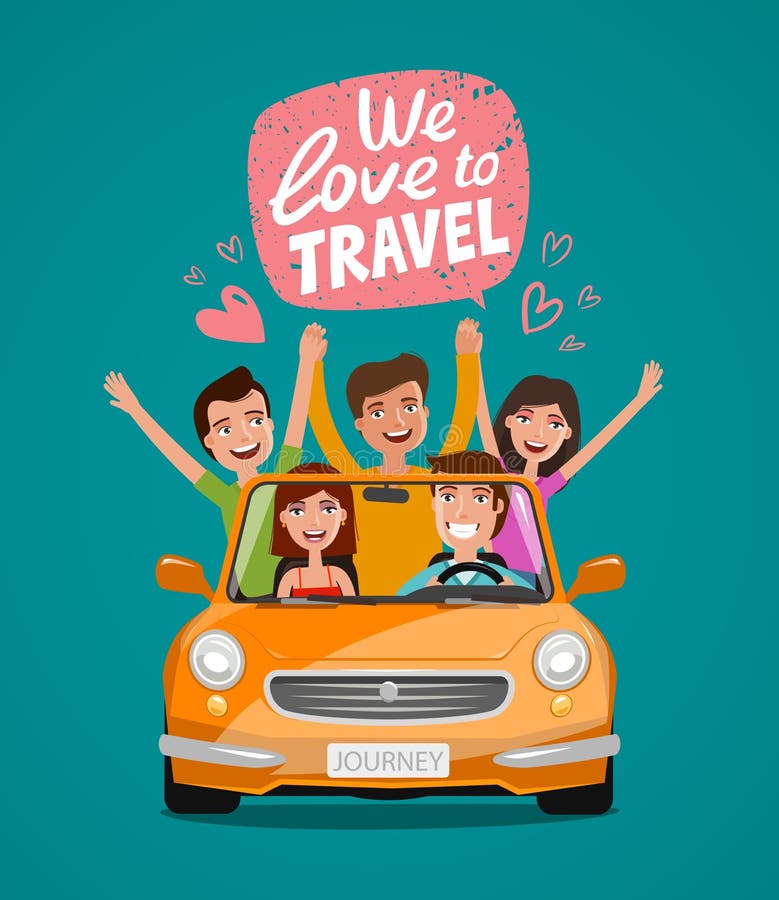 Gente joven alegre o amigos felices que viajan en coche Viaje, viaje, concepto de las vacaciones Ilustración del vector de la his stock de ilustración Gente joven alegre o amigos felices que viajan en coche Viaje, viaje, concepto de las vacaciones Ilustración del vector de la his stock de ilustración