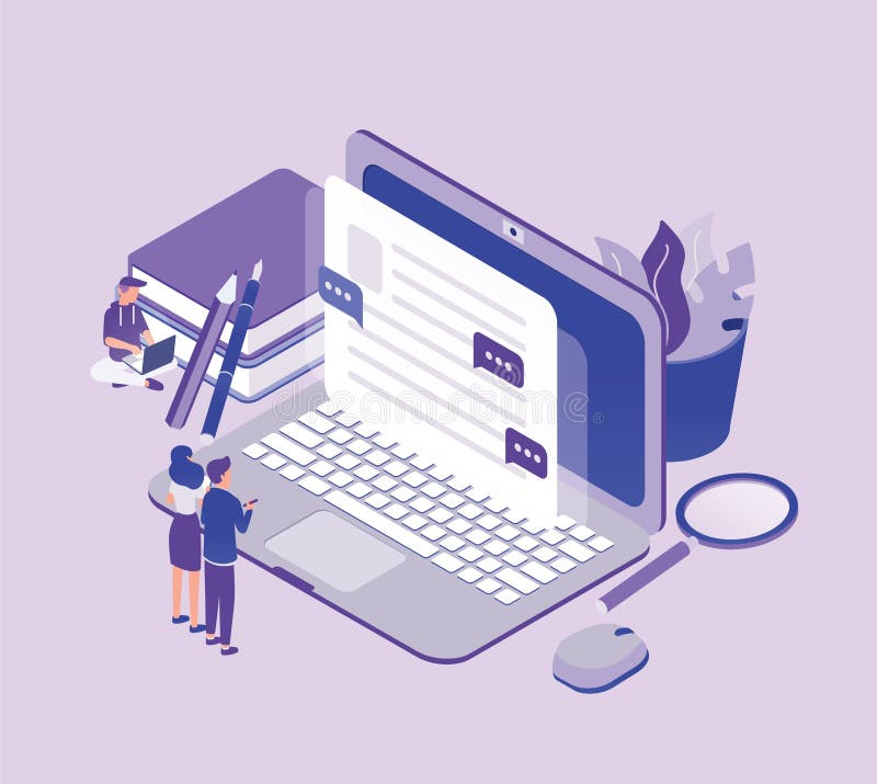Gente minuscola che sta davanti al computer portatile gigante e che esamina testo sullo schermo Concetto di copywriting, digitale illustrazione vettoriale