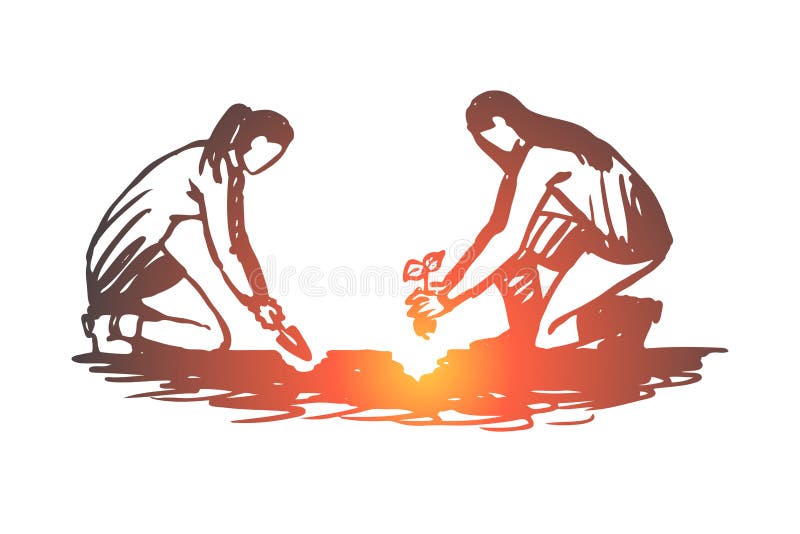 Gente, plantando, flores, cultivando un huerto, concepto de la naturaleza Vector aislado dibujado mano stock de ilustración Gente, plantando, flores, cultivando un huerto, concepto de la naturaleza Vector aislado dibujado mano stock de ilustración