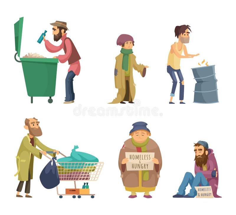 Poor and homeless adults people. Vector characters set. Homeless dirty, poor beggar, hungry adult with problem illustration. Poor and homeless adults people. Vector characters set. Homeless dirty, poor beggar, hungry adult with problem illustration