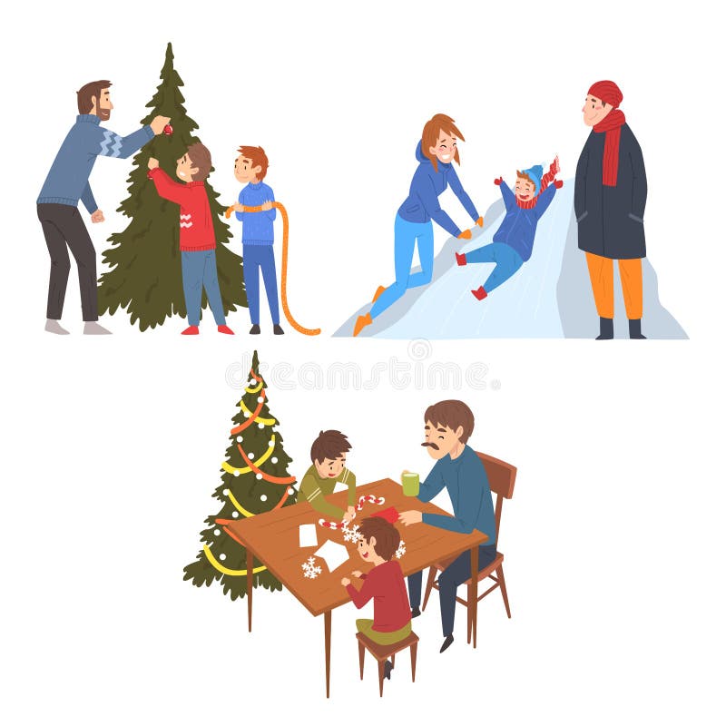 Gente preparando y celebrando fiestas de invierno, hombres, mujeres y niños decorando árbol de Navidad, deslizándose hacia abajo stock de ilustración Gente preparando y celebrando fiestas de invierno, hombres, mujeres y niños decorando árbol de Navidad, deslizándose hacia abajo stock de ilustración