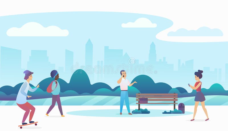 Gente que camina y que se relaja en un parque público urbano hermoso con horizonte moderno de la ciudad en el fondo Plano moderno stock de ilustración Gente que camina y que se relaja en un parque público urbano hermoso con horizonte moderno de la ciudad en el fondo Plano moderno stock de ilustración