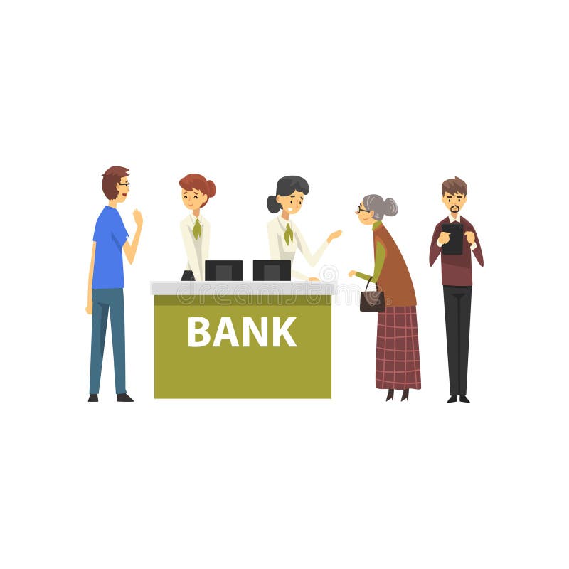Gente que consulta en los encargados en la oficina del banco, trabajadores de sexo femenino del banco que proporcionan servicios ilustración del vector Gente que consulta en los encargados en la oficina del banco, trabajadores de sexo femenino del banco que proporcionan servicios ilustración del vector