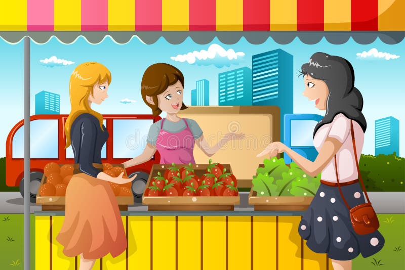 A vector illustration of people shopping in a outdoor farmers market. A vector illustration of people shopping in a outdoor farmers market