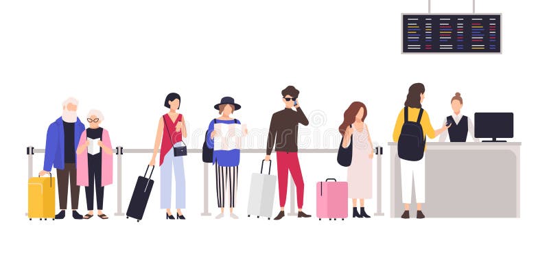Gente que se coloca en cola o línea al mostrador de facturación para registrarse para el vuelo Hombres y mujeres con esperar del ilustración del vector Gente que se coloca en cola o línea al mostrador de facturación para registrarse para el vuelo Hombres y mujeres con esperar del ilustración del vector