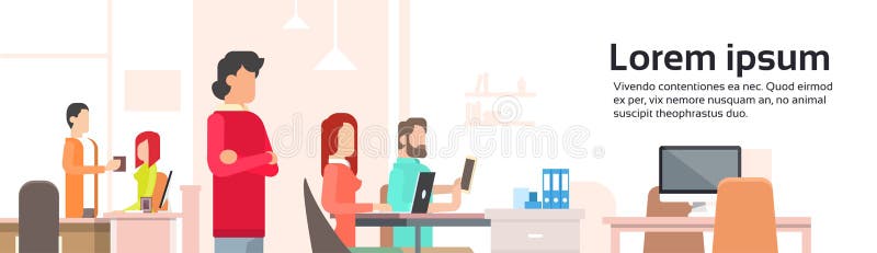 Gente que trabaja la bandera abierta de centro del espacio de oficina de Coworking ilustración del vector Gente que trabaja la bandera abierta de centro del espacio de oficina de Coworking ilustración del vector