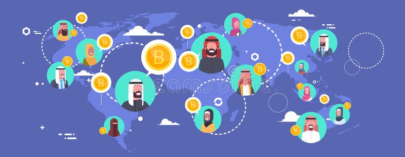 Gente árabe que mina Bitcoins sobre concepto Crypto de la moneda de Digitaces del mapa del mundo de la red moderna del dinero ilustración del vector Gente árabe que mina Bitcoins sobre concepto Crypto de la moneda de Digitaces del mapa del mundo de la red moderna del dinero ilustración del vector
