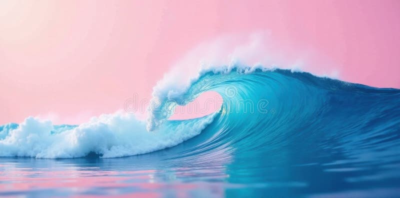 Gentle blue wave cresting, soft pink backdrop, gradation, calm, element vector illustration
