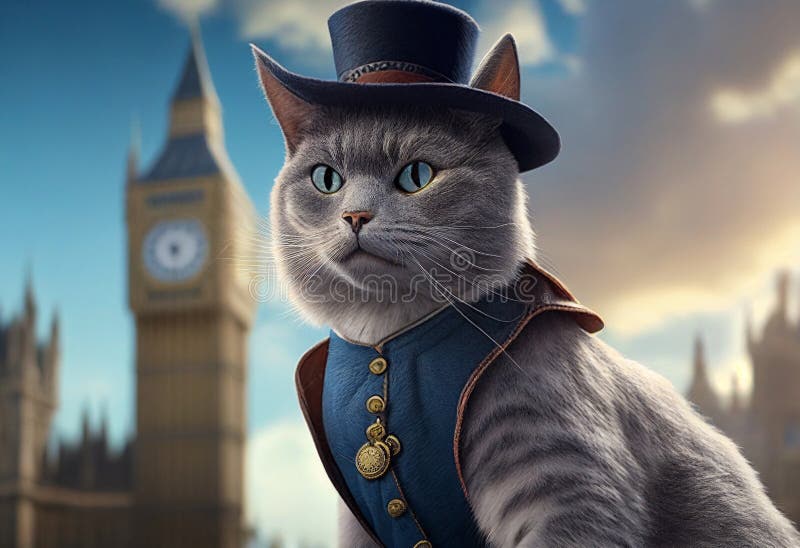 Gentleman Cat Walking in London. AI Genarated Stock Illustration