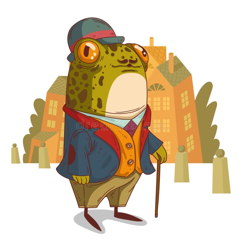 A gentleman frog, vector illustration. Elegant anthropomorphic frog against the buildings royalty free illustration
