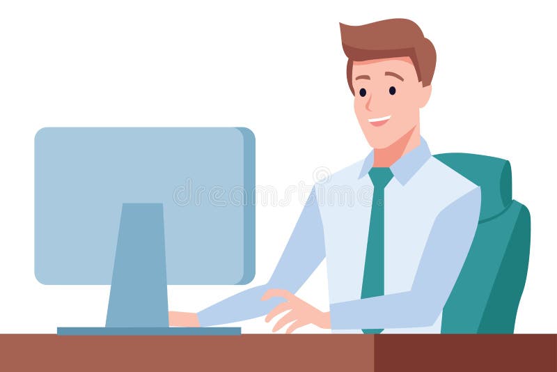 Gentleman sit on desk and working on computer vector illustration