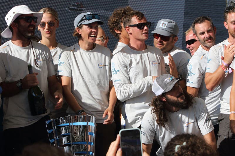 GENOA, ITALY-Award ceremony of the Ocean Race 2023- Celebrations for the victory of the winning crew 11TH HOUR. After 32,000 miles in all the seas of the world is the moment of joy.July 1.2023. GENOA, ITALY-Award ceremony of the Ocean Race 2023- Celebrations for the victory of the winning crew 11TH HOUR. After 32,000 miles in all the seas of the world is the moment of joy.July 1.2023