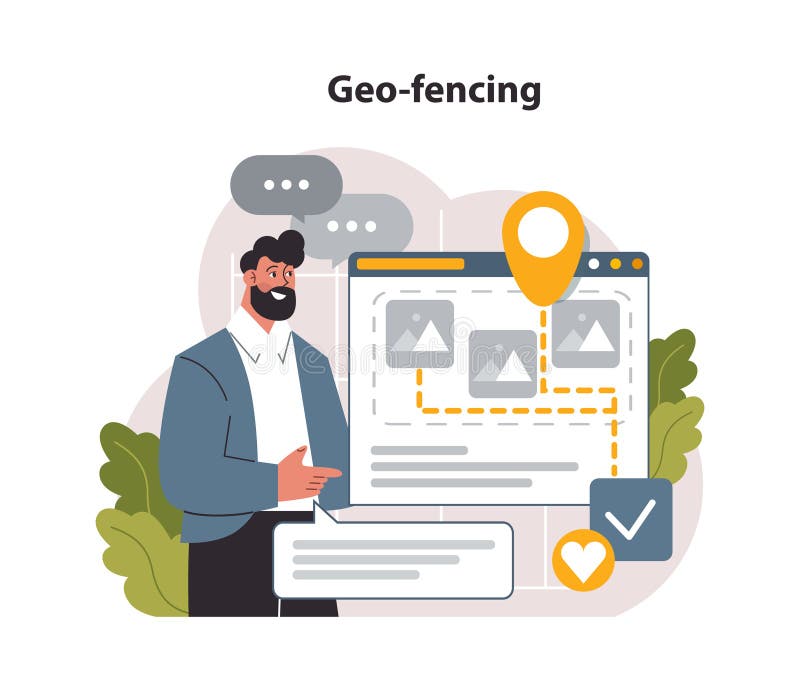Geofencing. Local SEO optimization. Local search results. Browser promotion stock illustration