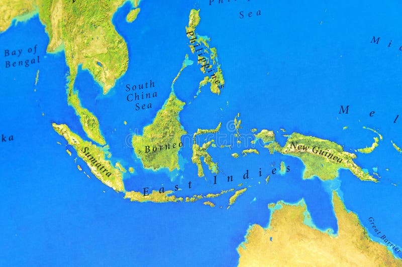 Geografisk översikt av Sumatra, Borneo, New Guinea och Filippinerna