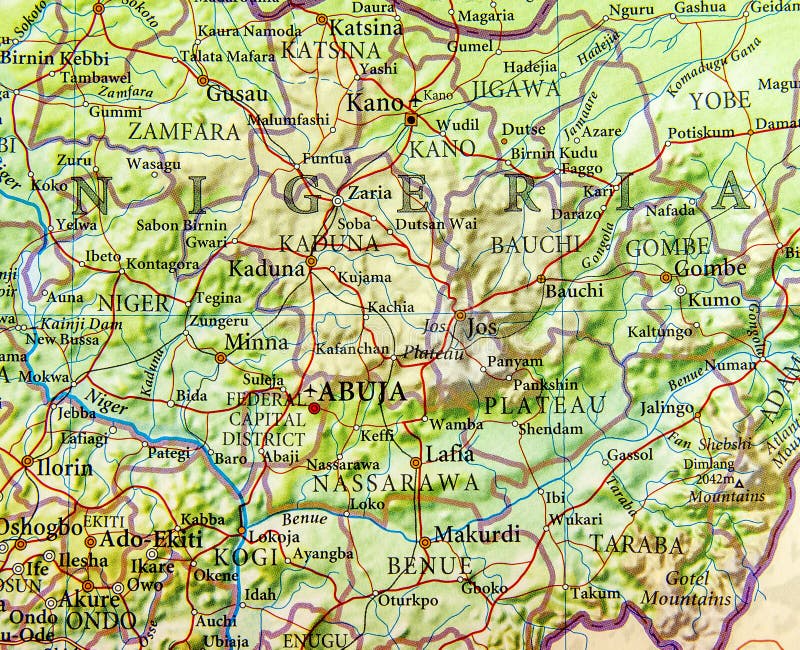 Geographic map of Nigeria with important cities close. Cameroon road map stock images, royalty-free photos and pictures