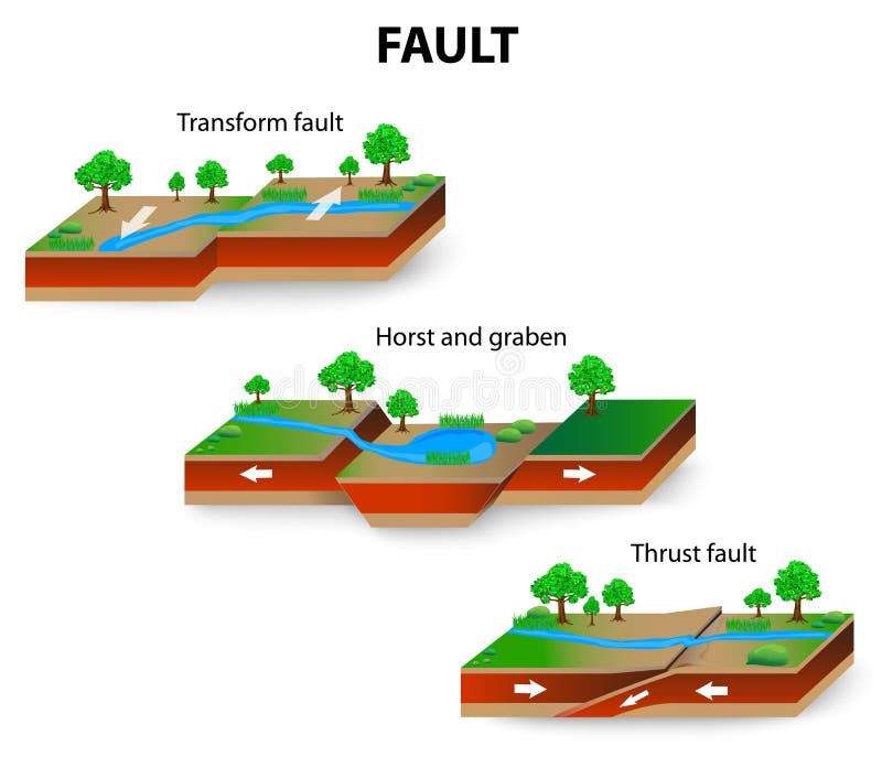 Types of geological faults. Transform and Thrust fault, horst and graben. vector. Types of geological faults. Transform and Thrust fault, horst and graben. vector