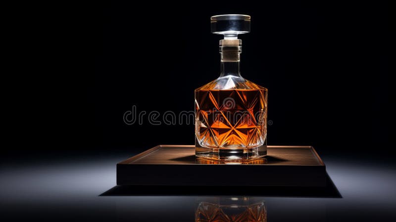 Geometria luksusowa : kaptująca butelka whisky na drewnianym stojaku ilustracji