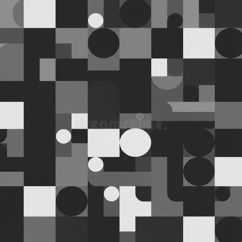 Geometric abstract art composed of overlapping squares, rectangles, and circles in royalty free illustration