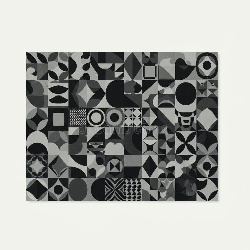 Geometric abstract artwork featuring a grid of various black and gray shapes and vector illustration