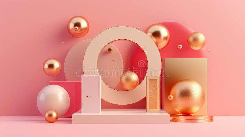 Geometric abstract artwork with gold pink elements 3d rendering image, vector illustration.
