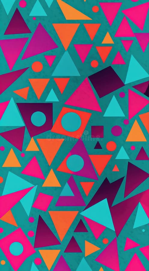 Geometric Abstract Background with Colorful Triangles Squares and Circles on Teal Surface stock illustration