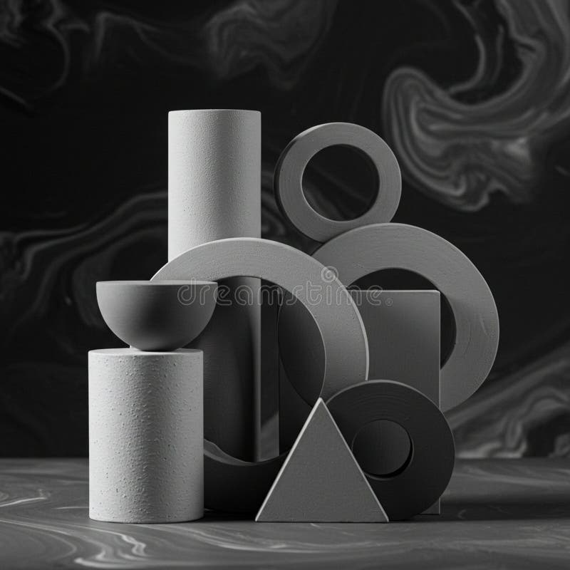 Geometric abstract composition featuring a variety of three-dimensional shapes stock illustration