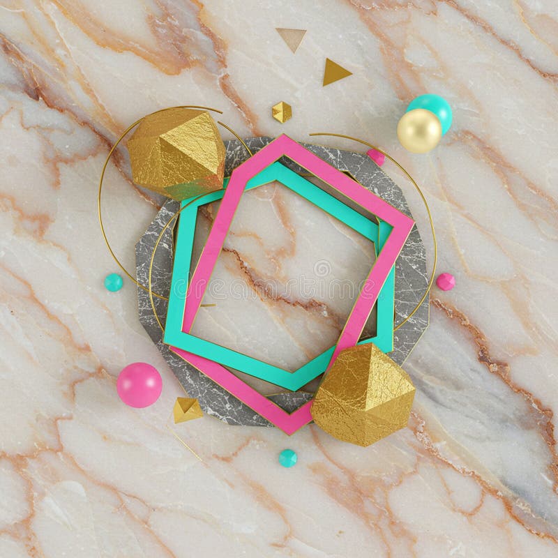 Geometric abstract design against a marbled background. Features gold polyhedral vector illustration