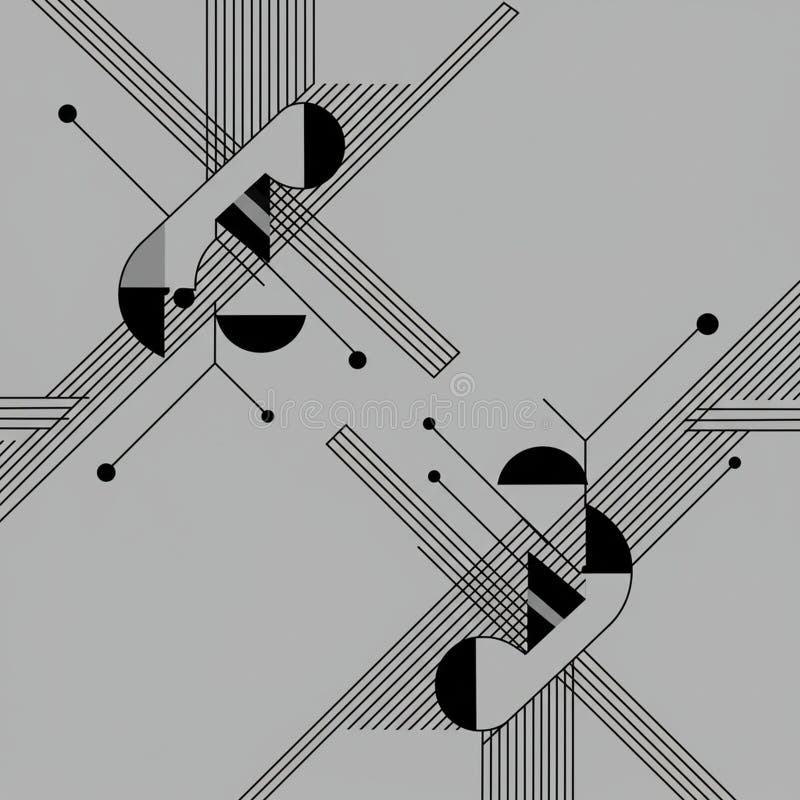 Geometric abstract design featuring intersecting lines and shapes. Black and white vector illustration