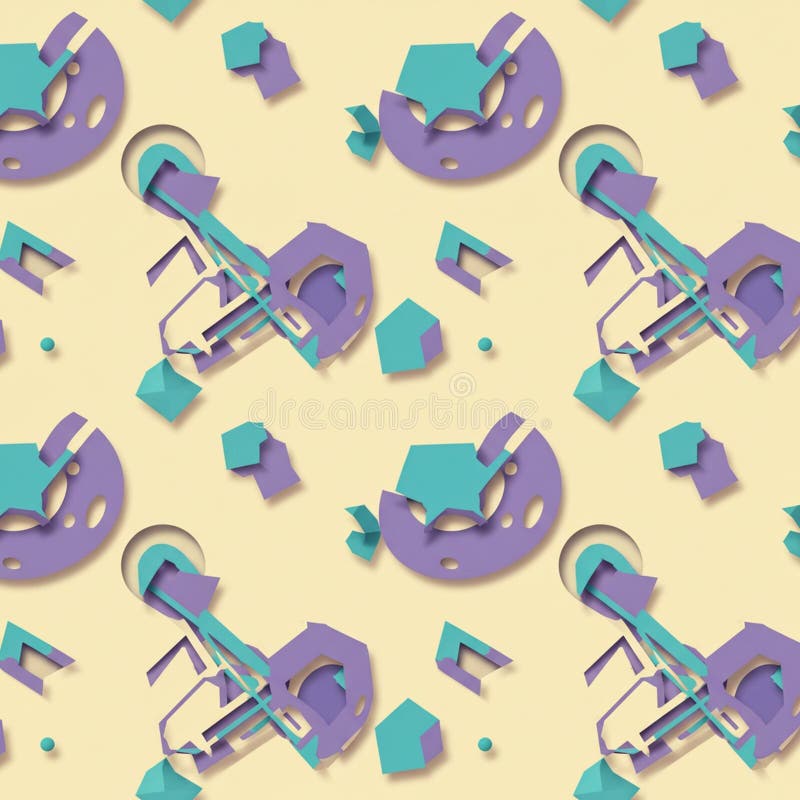 Geometric abstract pattern featuring purple and teal shapes on a light beige stock illustration