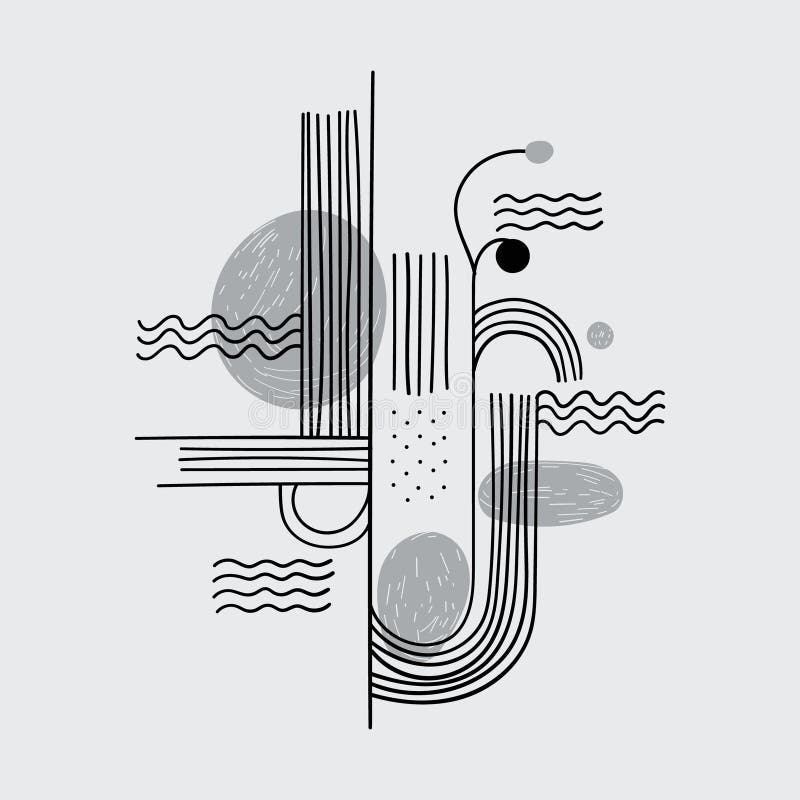 Geometric abstraction with circles and lines. Black and white abstraction with geometric lines and circles, creating a vector illustration