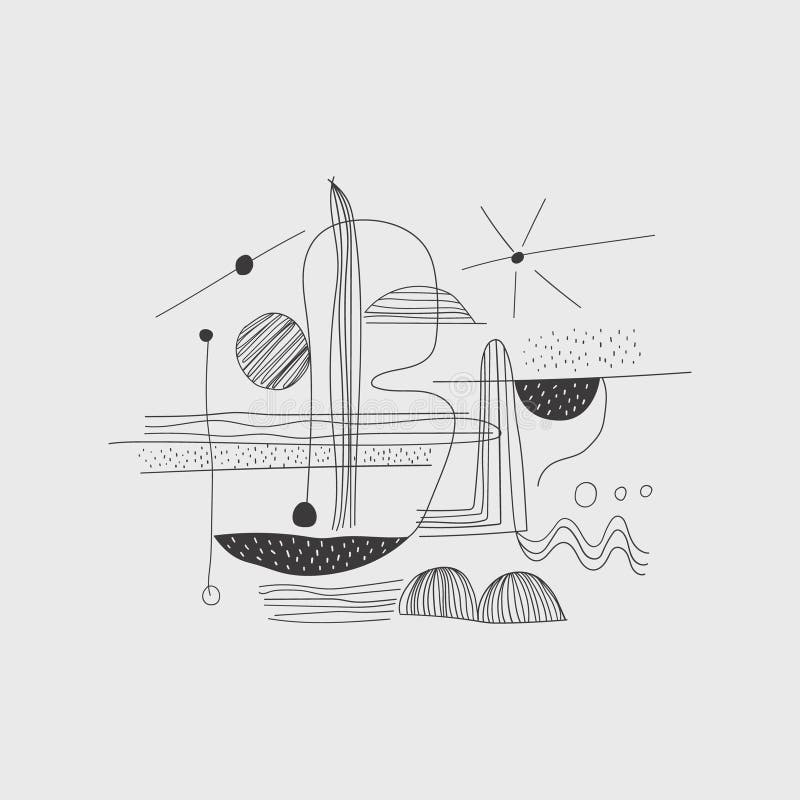 Geometric abstraction with dots and lines. Composition of dots, straight lines and geometric shapes in black and white stock illustration
