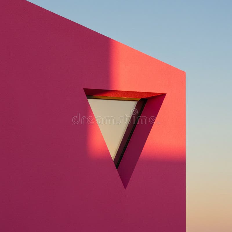 A geometric architectural feature consisting of a vivid pink wall with a large triangular stock illustration