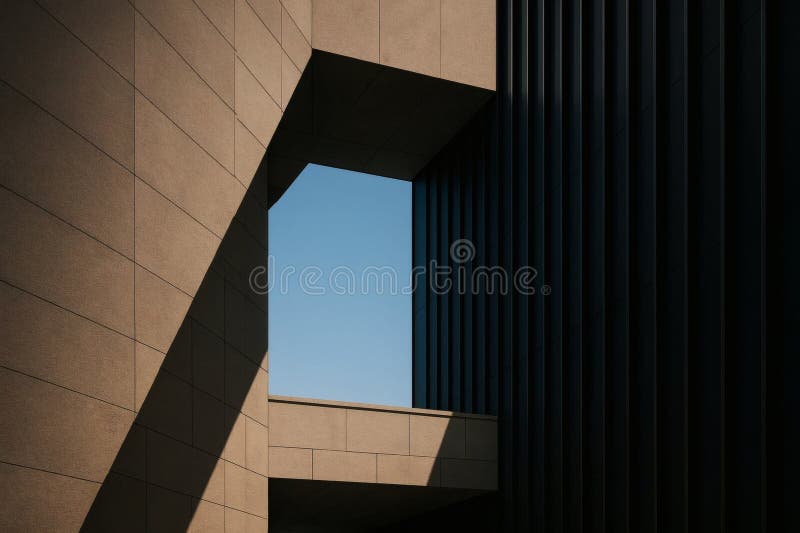 Geometric architectural structure with rectangular opening revealing blue sky and smooth tan panels with dark vertical lines stock illustration