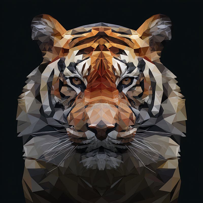 Geometric artwork of a tiger\'s face using a low poly design. Various shades of royalty free illustration