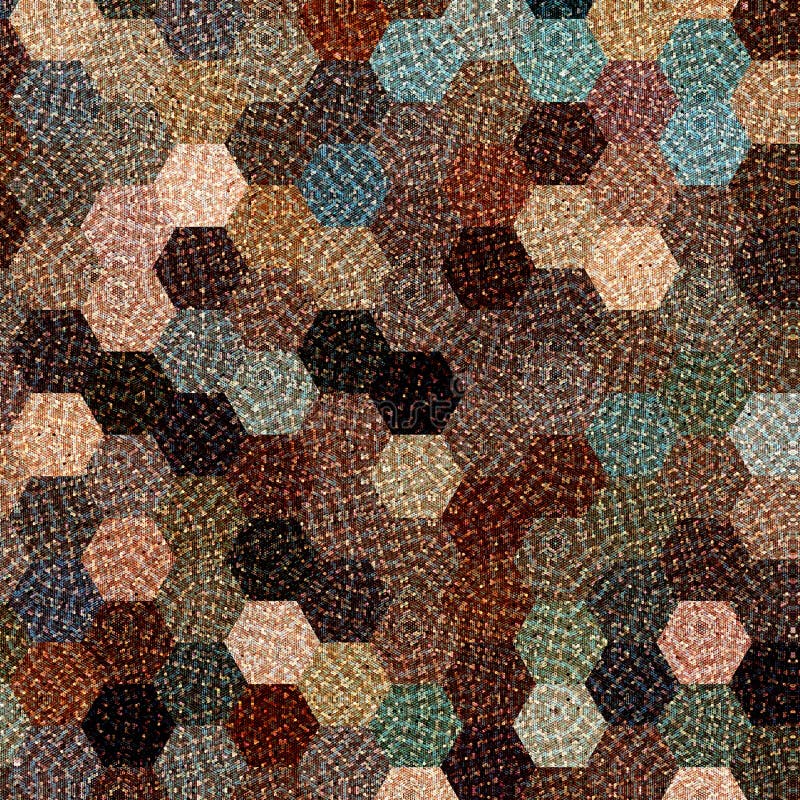 Colorful geometric background in pastel brown, blue and beige with knitted effect, abstract hexagonal pattern stock illustration