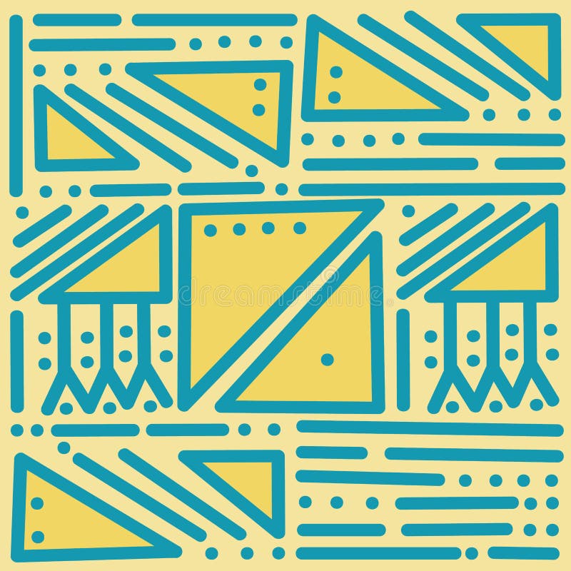 Geometric blue vector seamless pattern on yellow isolated background. Colorful abstract with straight lines, dots, triangles. royalty free illustration Geometric blue vector seamless pattern on yellow isolated background. Colorful abstract with straight lines, dots, triangles. royalty free illustration