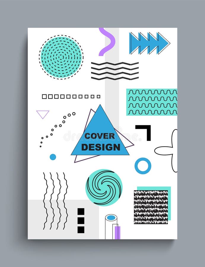 Geometric cover design. Abstract poster. Memphis style banner. Frame with copy space. Contemporary minimalistic composition with royalty free illustration