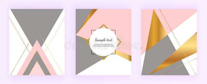 Geometric cover designs, triangles with gold, pink and grey colors background. Template for design invitation, card, banner, weddi royalty free illustration Geometric cover designs, triangles with gold, pink and grey colors background. Template for design invitation, card, banner, weddi royalty free illustration